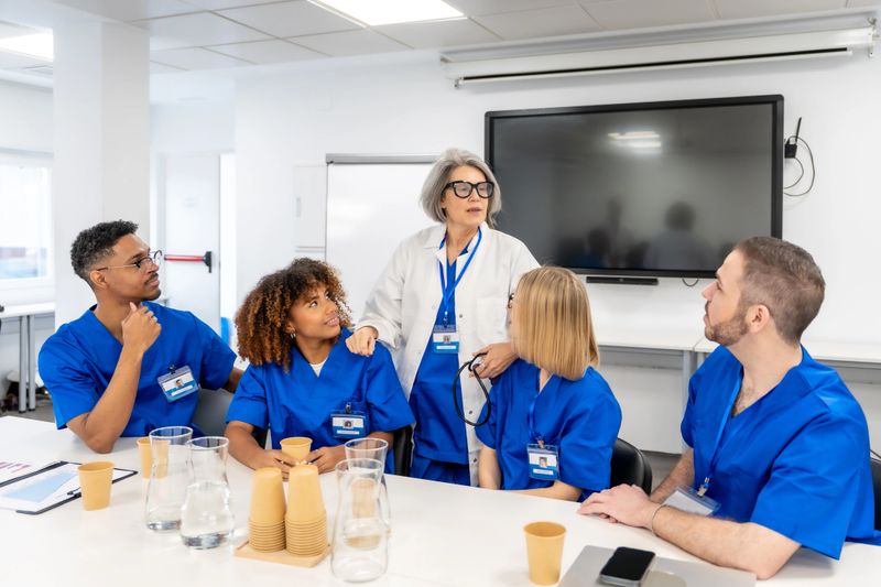 Mature adult doctor standing and sharing expertise with a group of diverse young adult and adult medical students sitting around a table during a lecture or training session