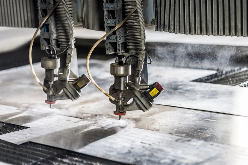 Automated waterjet cutting system with dual cutting heads processing a steel plate in an industrial setting. The system efficiently cuts through the metal with precision, showcasing advanced manufacturing technology