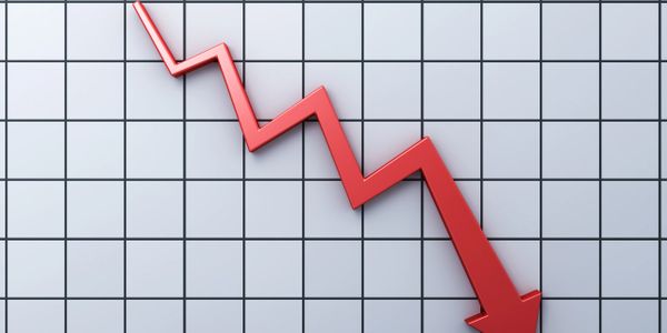 Red zigzag arrow pointing downward on a grid background.