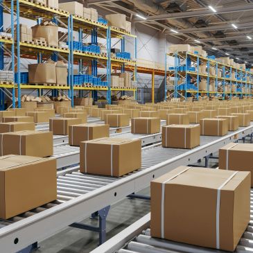 Boxes on conveyor belts in a warehouse.