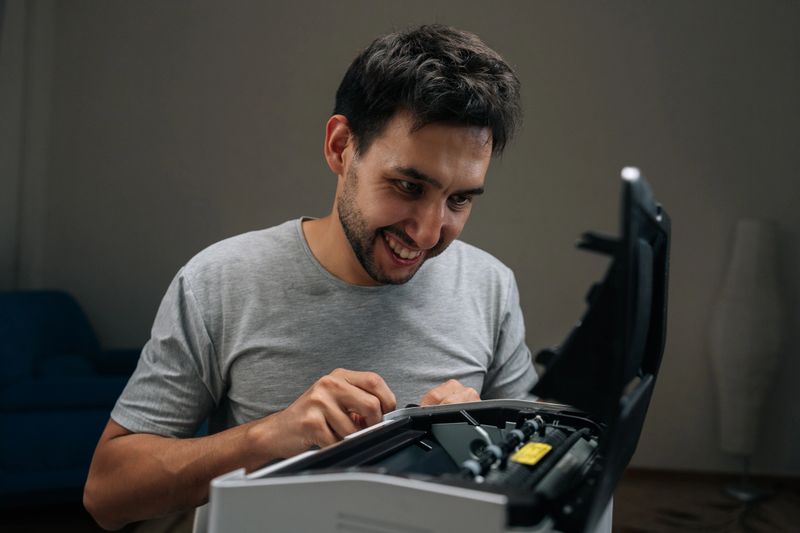 Cheerful bearded man performing printer maintenance, wiping dust off office laser printer, ensuring technology hygiene, cleaning and servicing electronic equipment in home office environment.
