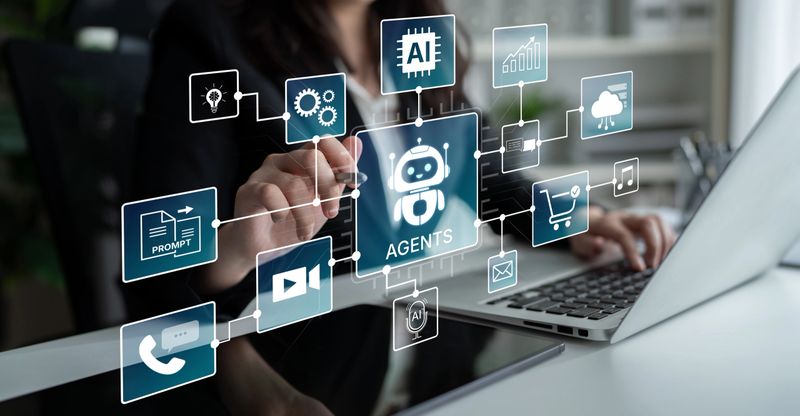 A business professional interacting with digital interfaces showcasing artificial intelligence, automation, and agent technologies to improve workflow in a modern office environment.