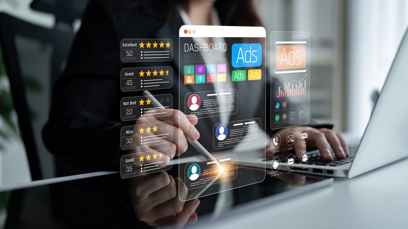 Modern Digital Marketing Dashboard with Analytics, Data Visualization, and User Engagement Metrics on a Glass Screen in a Professional Office Environment Sigmoid
