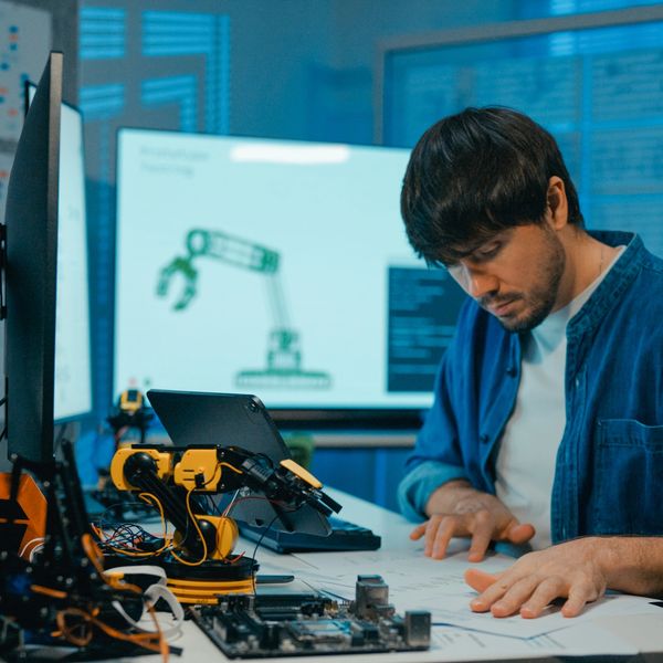 Engineer working on robotic arm design in a tech lab.