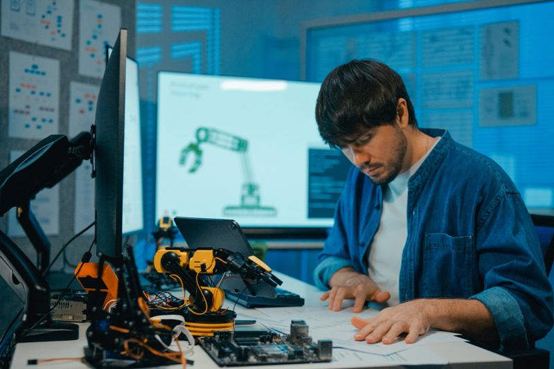 Young male engineer testing robotic system for automation project in tech lab at night. Display AI and robotics hand design operates machinery and analyzes data for innovation. AI Development concept.