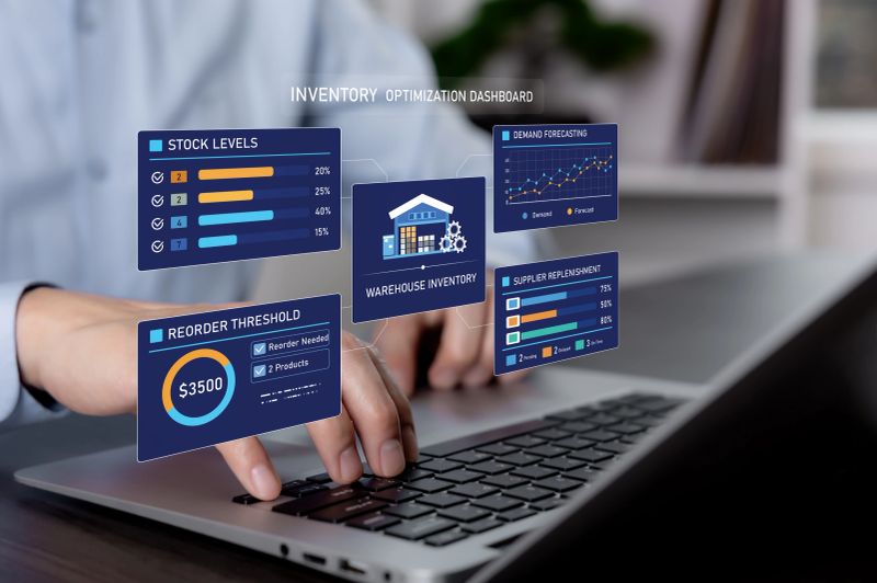 Inventory optimization dashboard showing stock levels, demand forecasting, reorder threshold, warehouse inventory, and supplier replenishment for efficient supply chain management.