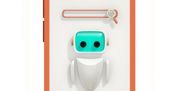 A cute robot icon on a smartphone screen with a search bar.