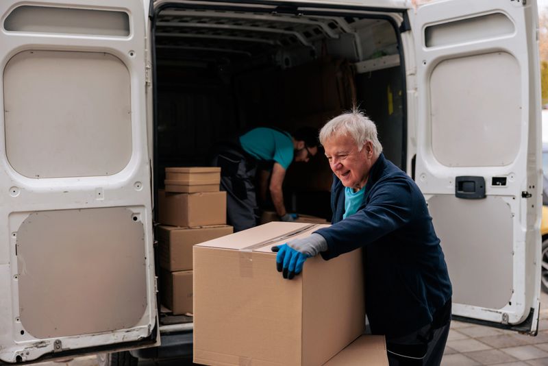 Delivery worker carrying a large box from a van during delivery. The scene highlights physical work, logistics, and everyday delivery routine.