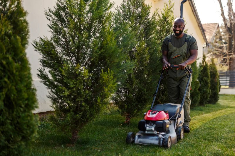 Smiling man in overalls mowing lush green grass in a suburban backyard, providing professional lawn care service on a sunny day while looking at the camera and enjoying outdoor work