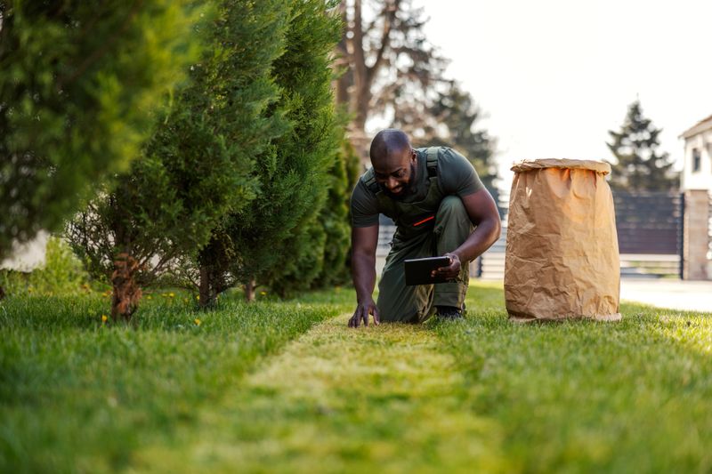 Professional gardener kneeling on a well-maintained lawn, examining the grass and holding a digital tablet for efficient garden care and landscaping services