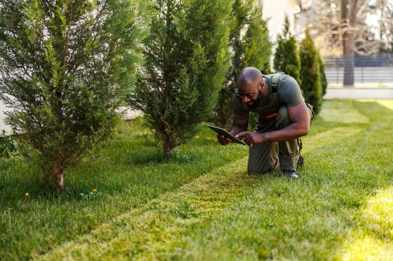 African american gardener kneeling in a residential yard, using a digital tablet to inspect grass, shrubs and plan maintenance, smiling confidently while recording data and managing lawn care