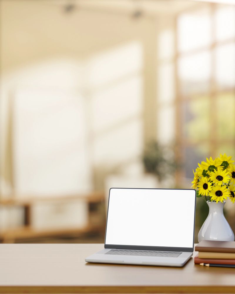White screen laptop with books and sunflower vase on wooden counter table in the room with sunlight. Advertise Mockup, 3D Rendering, 3D Illustration.