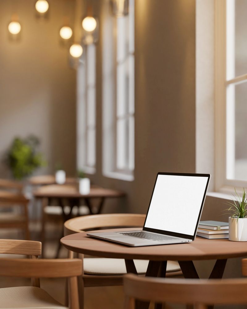 White screen laptop and books aside potted plant on round wooden table in cafe under warm lamp light. Advertise Mockup, 3D Rendering, 3D Illustration.