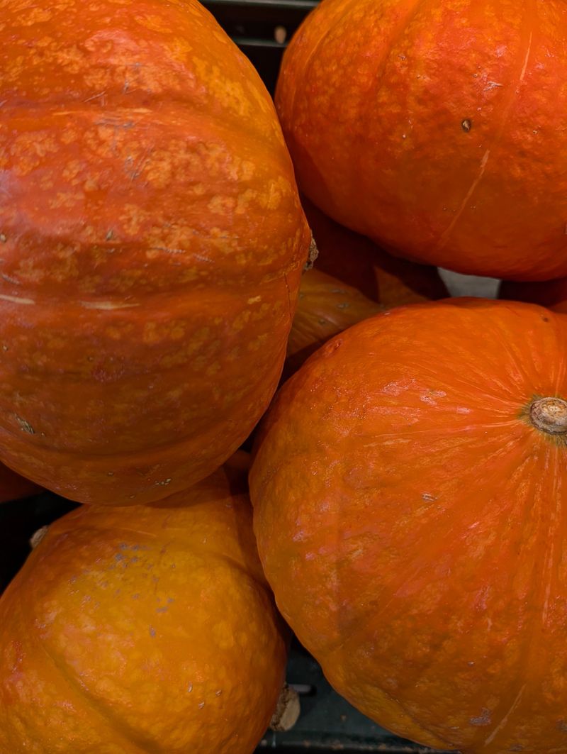 Closeup Stacked Orange Pumpkins Showing Textured Skin And Ridges, Warm Autumn Lighting, Farmers Market Crate Display Evoking Harvest Season And Cozy Seasonal