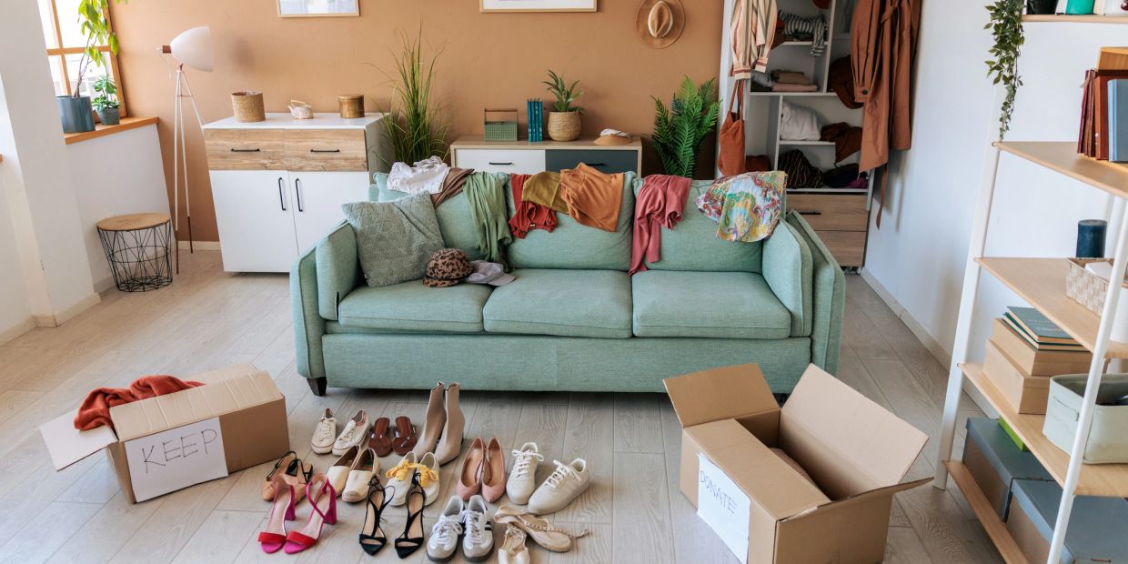Living room with clothes and shoes sorted into keep and donate boxes.