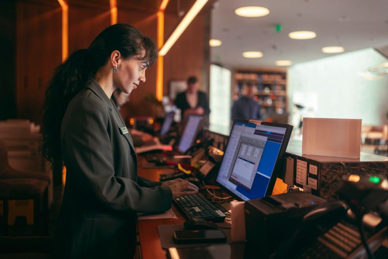 Woman wearing uniform interacting with computer system, managing guest check-ins and hotel operations at the reception lobby