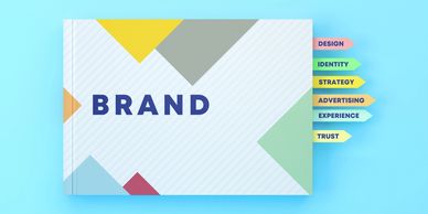 A colorful brand strategy booklet with labeled tabs for key marketing concepts.
