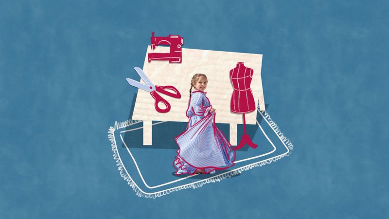Child in dress surrounded by sewing tools and mannequin in creative collage composition. Concept of designer childhood dreams, creativity development, tailoring skills and fashion career aspirations.
