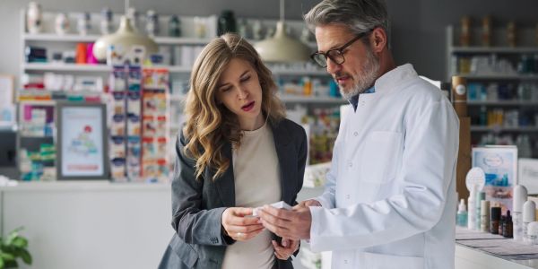 Pharmacist explaining medication to a woman in a pharmacy.