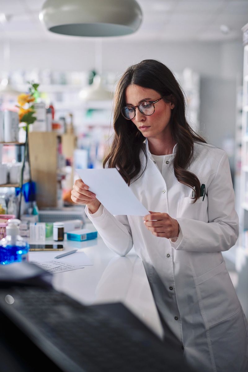 A female pharmacist carefully reviews paper prescriptions at a pharmacy counter surrounded by medication shelves and supplies, conveying professionalism, focus and healthcare in a clean, well-lit retail pharmacy environment.