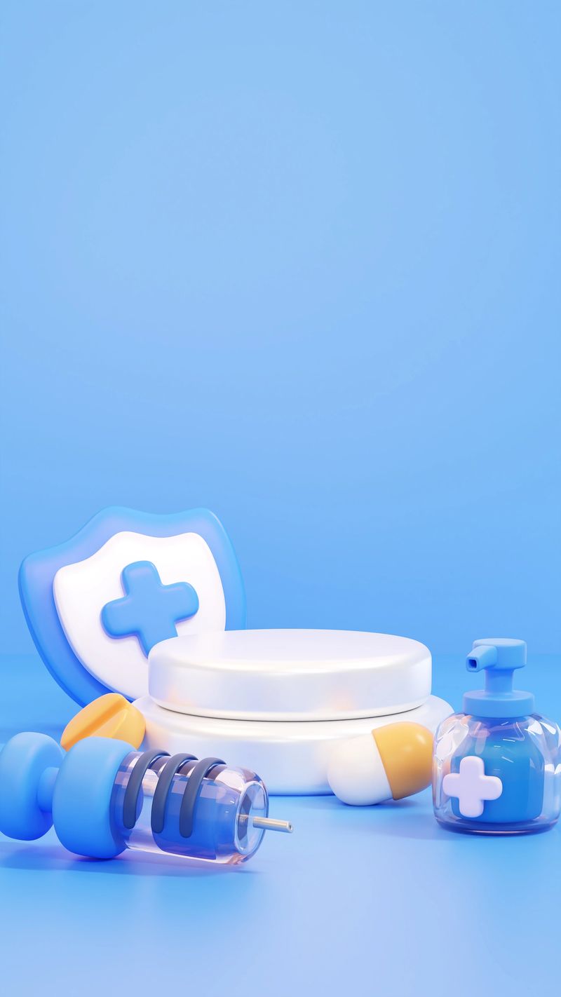 3D rendering of medical equipment with podium shield vaccine syringe and pills for healthcare product presentation and health insurance concept on blue background.