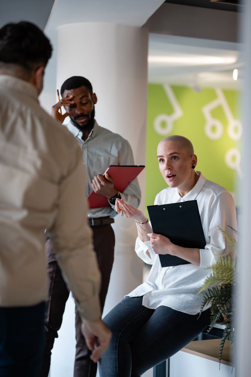 Business professionals discussing work, exchanging ideas, and analyzing information during an informal office meeting