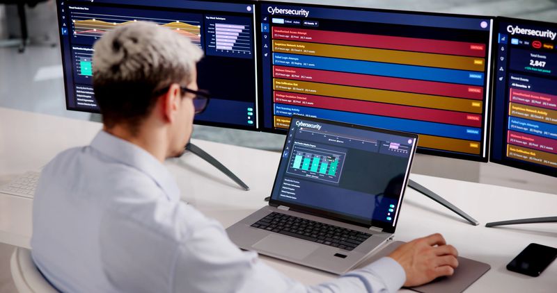 Cybersecurity Specialist Monitoring Network Data On Laptop To Ensure Robust Protection