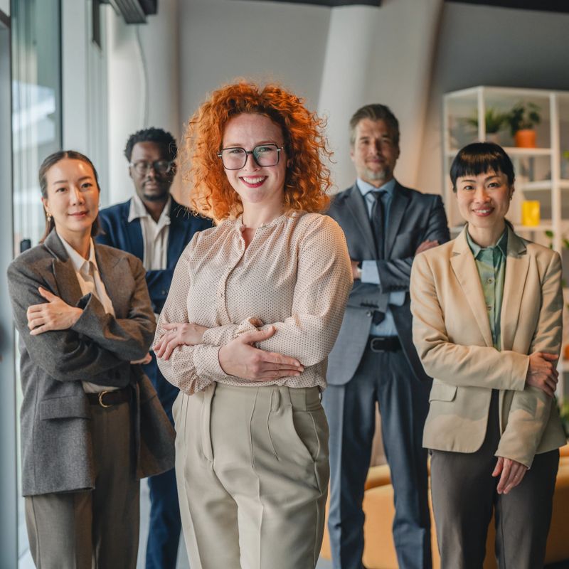 Group of multicultural business professionals smiling and standing with crossed arms, representing collaboration and success within a corporate environment
