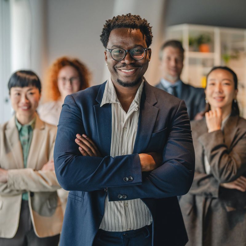 Confident black businessman standing with arms crossed, leading a diverse and multicultural professional team, representing corporate success, collaboration, and unity in a modern office environment