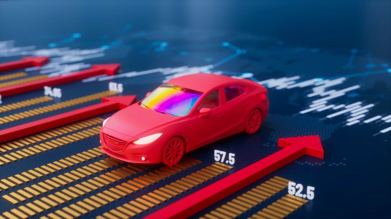 This dynamic three dimensional visualization captures the rapid expansion of the automobile industry, featuring a striking red car driving upward along a rising stock market data chart. Driven by soaring red arrows and luminous yellow bar graphs, the composition beautifully illustrates successful auto loan investments, vehicle sales growth, and a thriving economy. The vivid blue background and intricate line graphs emphasize the high-stakes environment of global finance and strategic corporate business. Perfect for car dealership marketing, investment banking reports, financial market analyses, and economic presentations focusing on inflation or transportation sector revenue. Ideal for forward-thinking organizations seeking to visually communicate continuous progress, immense wealth generation, and robust commercial activity within the modern automotive market.