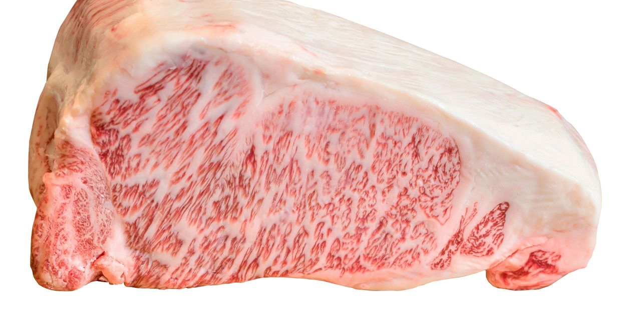 Close-up of a marbled piece of raw Wagyu beef.