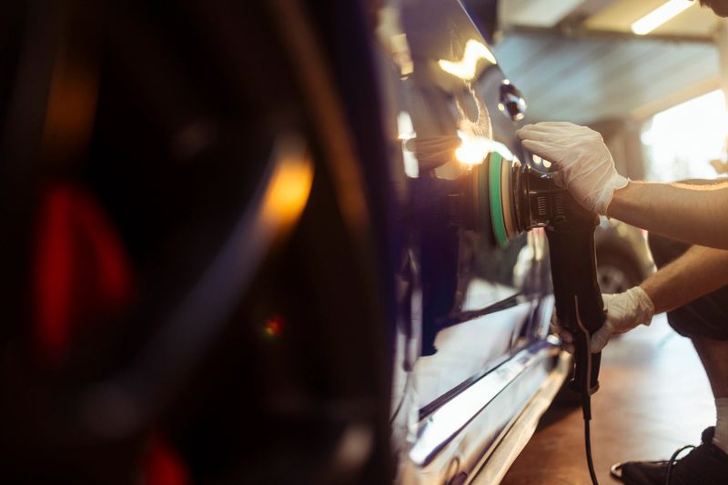Person's hands wearing white gloves polishing a dark blue car body using an orbital buffer in a garage