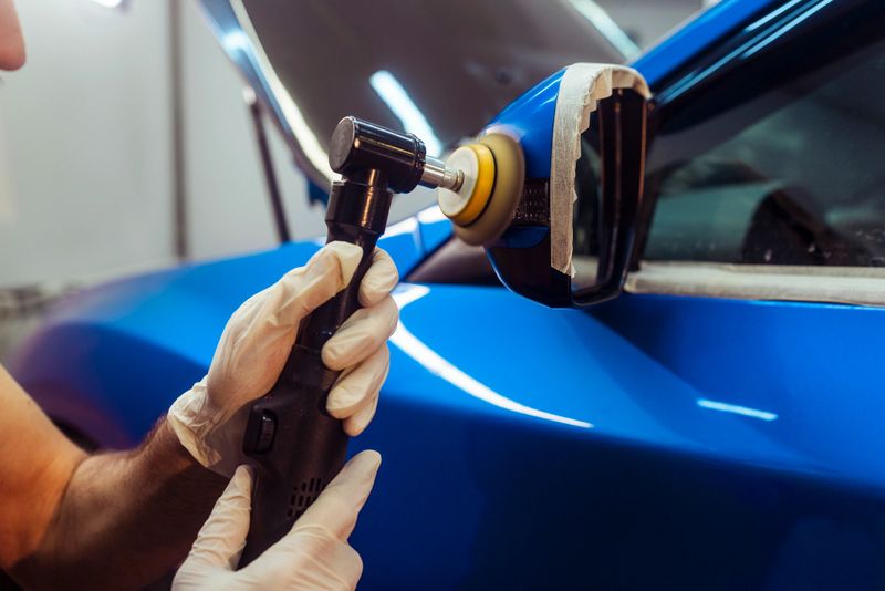 Worker in gloves carefully polishing and detailing a blue car mirror with a rotary buffer, restoring its paint finish