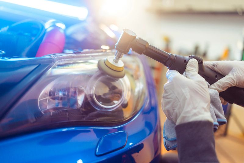 Person's gloved hands using a rotary polisher on a blue car headlight, cleaning and restoring clarity to the lens