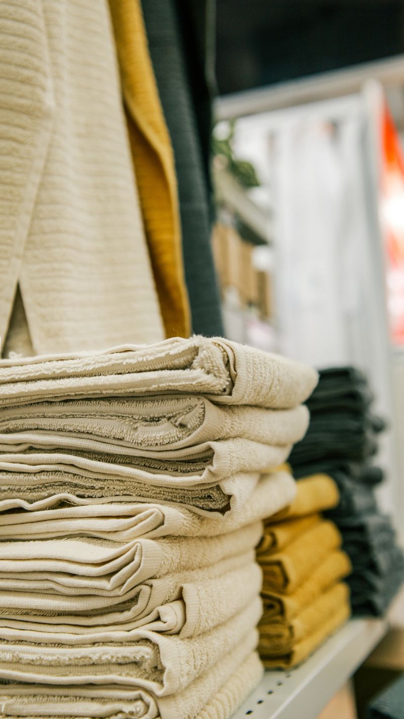 A close-up view of folded bath towels in beige, cream, mustard yellow, and charcoal gray, showcasing their textured fabric and neat arrangement on a retail display shelf