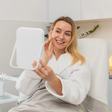 Mulher sorridente olhando no espelho em ambiente acolhedor.