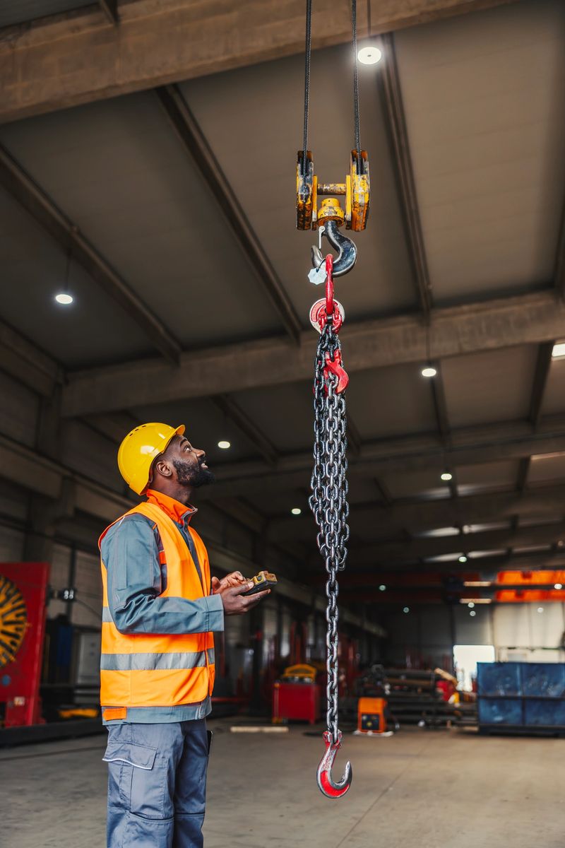 African american industrial worker in safety vest and hard hat operating an overhead crane with remote control inside a large factory, focused on safe, efficient lifting tasks
