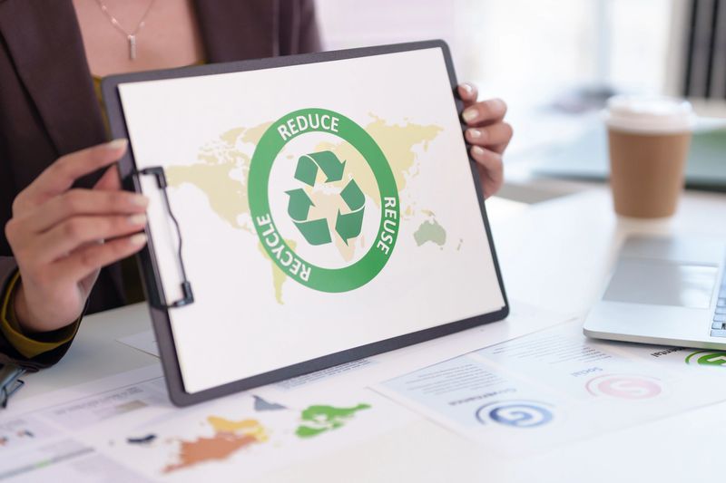 Adult hands display environmental recycling symbol on clipboard. This image highlights sustainability initiatives for business. Promote green practices conserve resources and protect the planet earth. Essential for corporate social responsibility and ethical management.