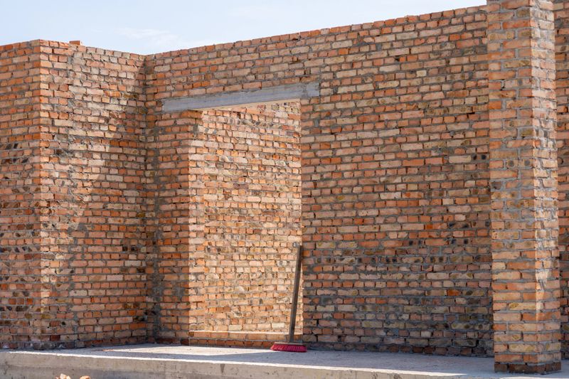 Brick walls rise up proudly as construction progresses under a bright sun, creating a warm and inviting space for future memories.
