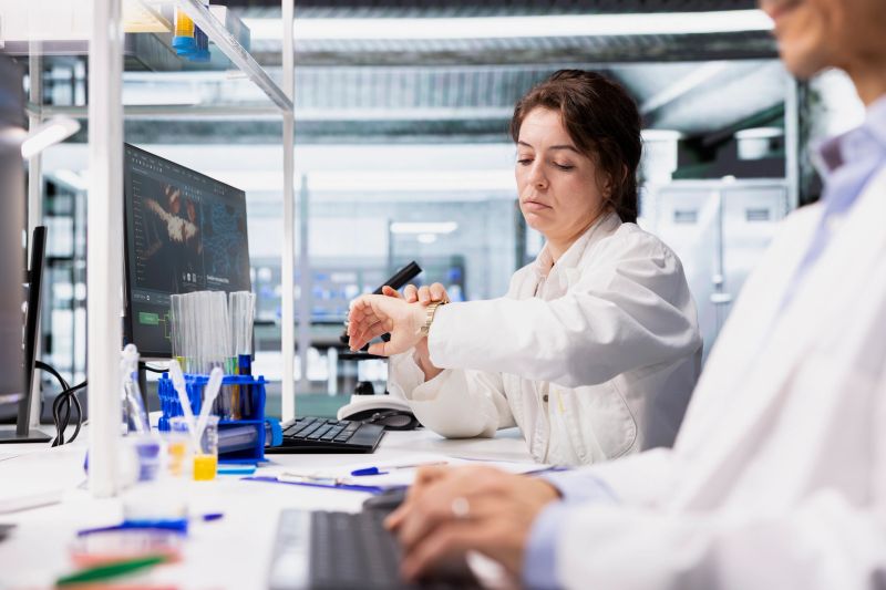 Researcher using computer application for DNA data analysis in laboratory waiting for results. Research facility specialist checking time on wrist watch, using bioinformatics genomics software