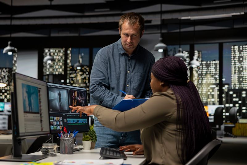 Professional video editing team works on film montage on software in office, digital multimedia creation. Filmmaker and assistant using dual monitors to edit footage and create content.