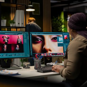 Graphic designer editing a photo on dual monitors.