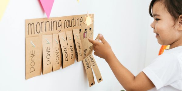 Child checking off morning routine on wall chart.