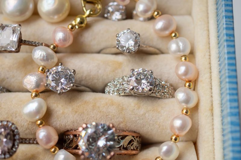 Collection of luxury diamond rings and pearl jewelry in velvet display box, elegant jewelry background