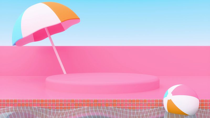 Horizontal abstract 3D summer render, pool party cosmetics food podium showcase product mockup display promo advertisement banner template copyspace, beach ball umbrella parasol pink blue orange