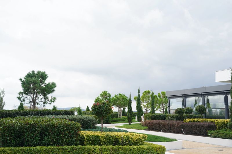Wide landscaped residential complex park pathway greenery trees perspective