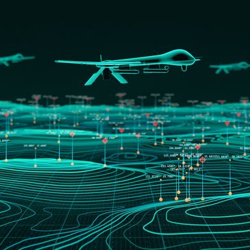 Digital rendering of drones flying over a high-tech terrain map.