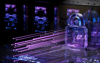 Digital lock with glowing purple data streams in a tech setting.