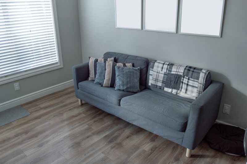 View of an apartment living room with a gray sofa and white pictures on the walls