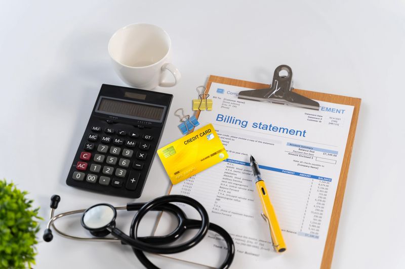 Top view of medical billing statement with credit card, calculator and stethoscope on white desk, illustrating healthcare payment, insurance claims, clinic finance and medical expenses.